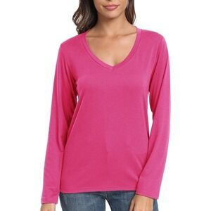 PRIMODA Women's V Neck Long Sleeve Shirts Classic Loose Fit T‎ Shirt Top Small